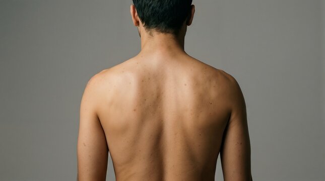 Shirtless man with Cushing's syndrome showcasing buffalo hump against neutral gray background