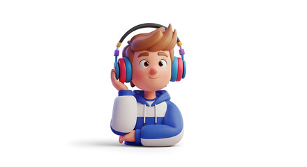 Fototapeta premium Cute cartoon boy listening to music with headphones, relaxed pose