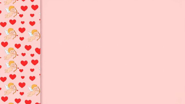 Pink background with a vertical border pattern of red hearts and flying cupids, symbolizing love and romance.