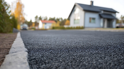 Fototapeta premium Close-up of new gravel driveway with curb edge, leading towards a modern residential house in a suburban neighborhood setting