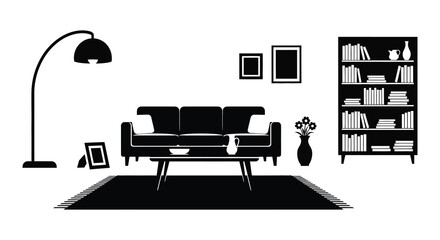 A minimalist living room scene featuring furniture and wall decor presented as a striking silhouette high quality professional detailed modern elegant © GDSneha02