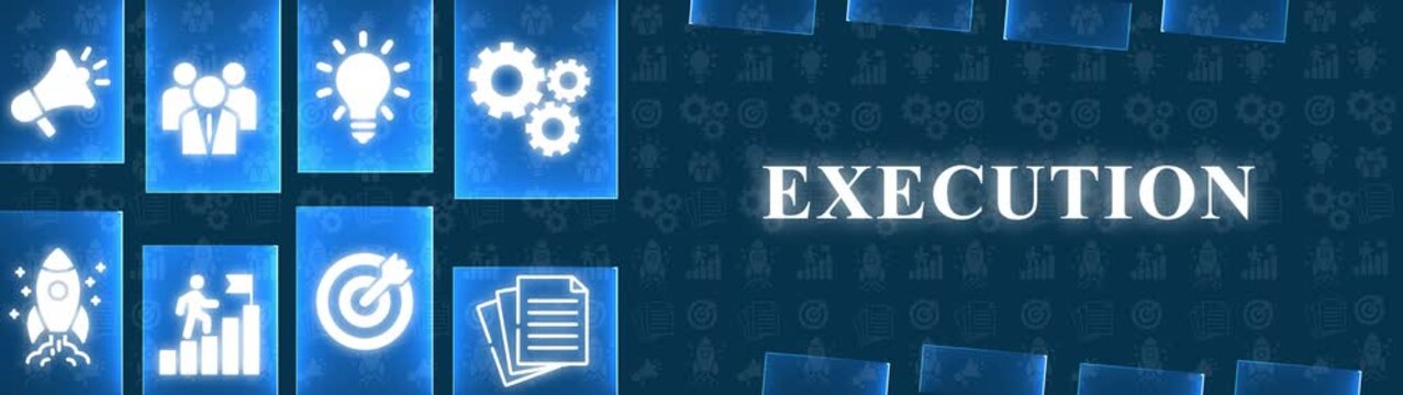 Business execution with icons for ideas goals and teamwork on a blue background strategy planning