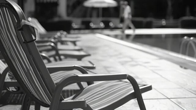 A row of empty outdoor lounge chairs by a pool at night.
