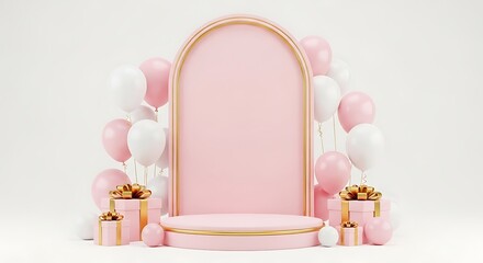 A pink archway with balloons and gifts on a white background for a celebration.