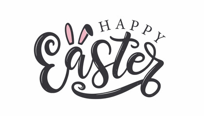 Easter celebration with Happy text and bunny ears on white background