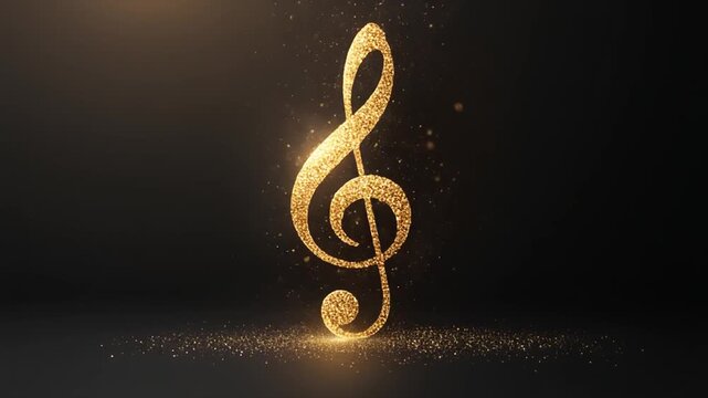 A glowing golden treble clef on a dark background with sparkling dust effect