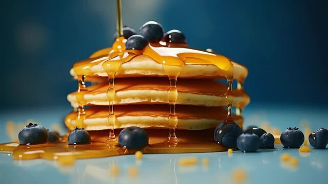 Mouthwatering pancakes smothered in maple syrup and topped with fresh blueberries. A tempting display of breakfast goodness.
