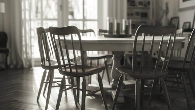 A vintage wooden dining set in a dimly lit room.