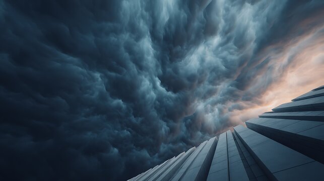 Dark, dramatic storm clouds gather over a modern building, creating a moody and intense atmosphere just before a storm.