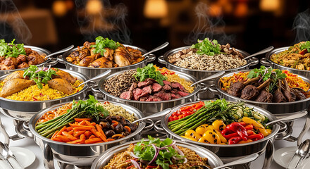 Fototapeta premium Sumptuous buffet feast showcasing a wide selection of steaming hot, expertly prepared gourmet food for elegant catering