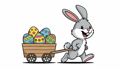 Obraz premium A happy cartoon rabbit pulls a wooden cart filled with colorful Easter eggs through a sunny outdoor scene with FGFGF elements.