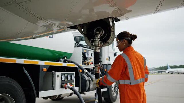 Airport worker refueling aircraft