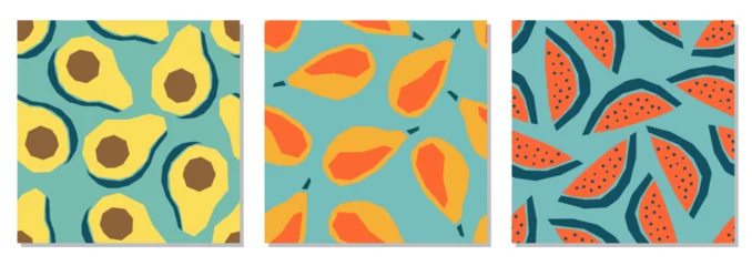 Set of seamless tropical fruit patterns in flat minimalist vector style. Repeating backgrounds featuring mango, watermelon, avocado shapes in bold summer colors. Modern hand drawn geometric fruit illu © C Design Studio
