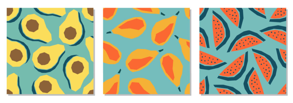 Set of seamless tropical fruit patterns in flat minimalist vector style. Repeating backgrounds featuring mango, watermelon, avocado shapes in bold summer colors. Modern hand drawn geometric fruit illu