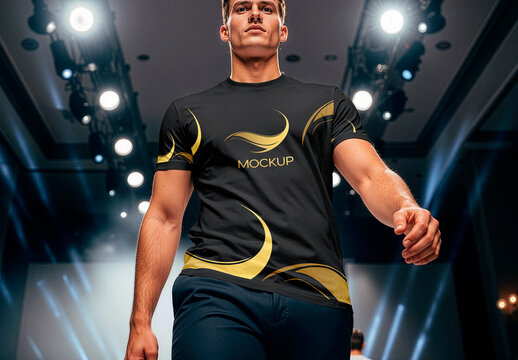 Male Model In A T Shirt Walking Down A Runway Mockup