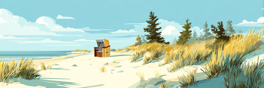 baltic sea beach landscape with sand dunes and traditional wicker chair in minimalist flat style