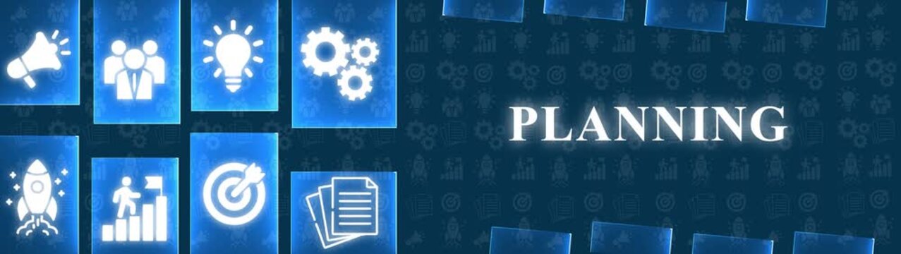 Business concept of planning with icons of megaphone, team, lightbulb, gears, rocket, growth chart, target and documents on blue background