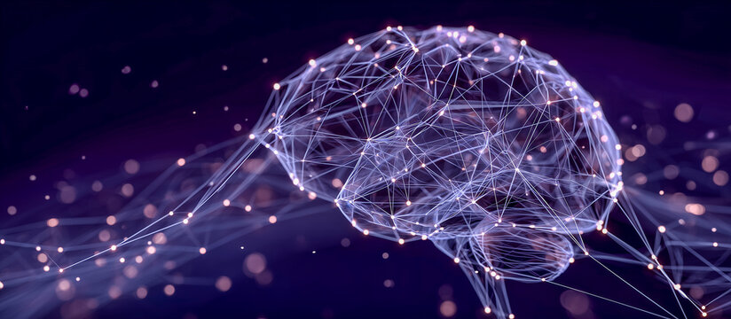 Conceptual 3d wireframe mesh of a neural network with glowing nodes for artificial intelligence and machine learning technology
