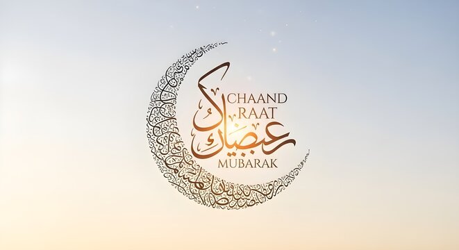Elegant Chaand Raat Mubarak Greeting Card Featuring Intricate Arabic Calligraphy in a Crescent Moon Shape Against a Soft, Radiant Sunset Background