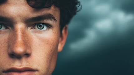 Obraz premium Close-up portrait of a young man with curly hair, freckles, and striking green eyes against a blurred moody background.