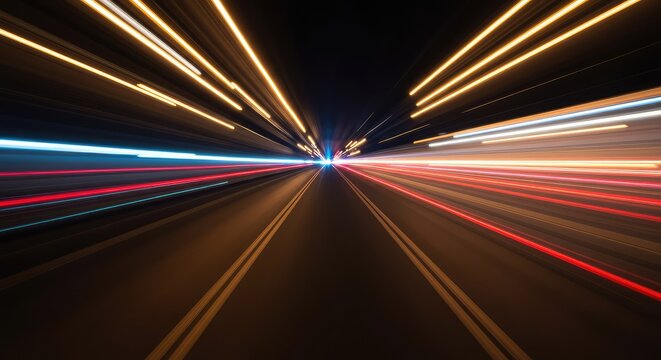 An abstract representation of forward force using dynamic light trails and blurred lines, symbolizing ongoing inertia and powerful sustained energy, colorful, physics, fast