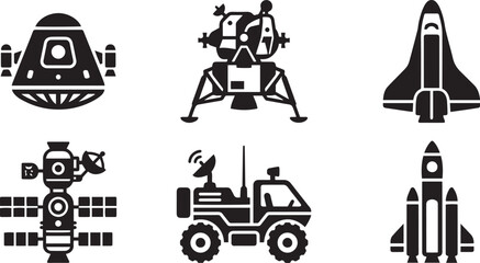 Diverse Spacecraft Rockets and Lunar Rover Icon Set  © Setelar