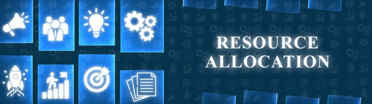 Business concept of resource allocation with glowing icons and text on a blue background strategy planning