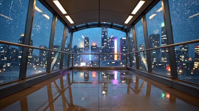 Enclosed glass skybridge at night. Rain soaked night city pedestrian skybridge connecting two towers with glossy floor reflecting skyline lights