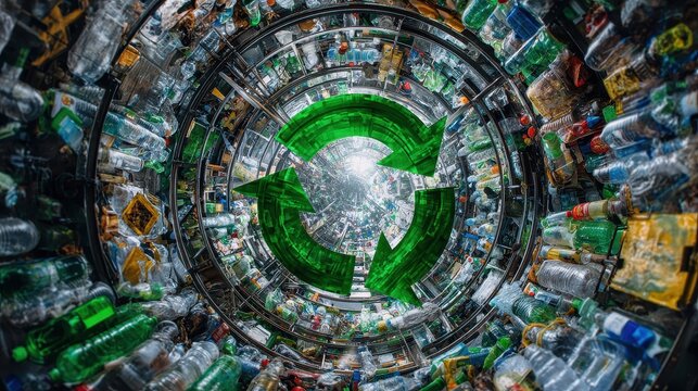 Circularity resource loop system turning waste into value and addressing supply chain complexity concept pros and cons selective focus zero waste theme surreal blend mode recycling center backdrop.