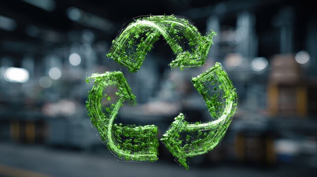 Circularity resource loop system turning waste into value and addressing supply chain complexity concept pros and cons selective focus zero waste theme surreal blend mode recycling center backdrop.