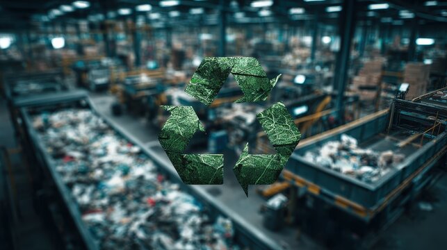 Circularity resource loop system turning waste into value and addressing supply chain complexity concept pros and cons selective focus zero waste theme surreal blend mode recycling center backdrop.