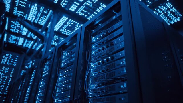 Data Center Servers Blinking Blue Lights in Rows of Active Rack Cabinets Operating