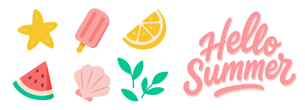 Hello Summer creative pink typography and cute flat icon set. Vector illustration of watermelon, lemon, starfish, seashell and popsicle isolated on white background.