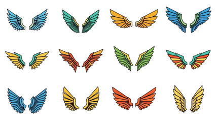 Vibrant wing illustrations in various colors and patterns displayed together in a grid formation on a clean background from a straightforward viewpoint