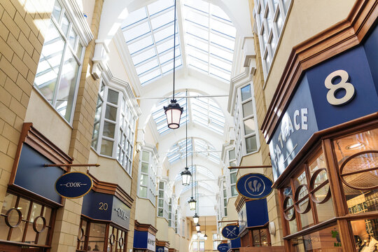 Morpeth UK: 26th Sept 2025: Sanderson Arcade in Morpeth. The arcade features shops lined on both sides. The roof has large windows, allowing sunlight in