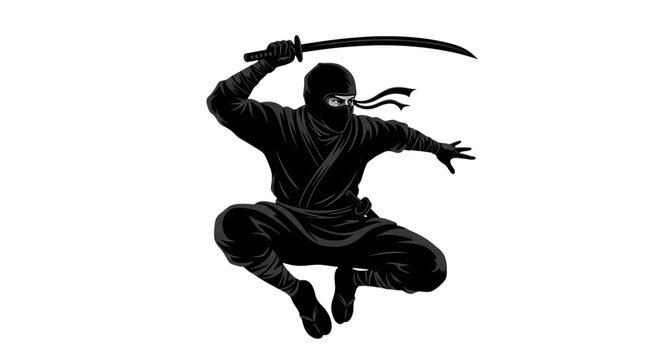 A ninja in mid-air with swords drawn, poised for action against a stark white background. isolated on transparent background, isolated on white background, Vector, illustration