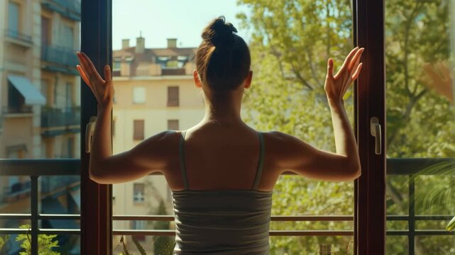 An of a woman stretching her arms by an open window. She has dark hair and is wearing a sleeveless top. The setting appears to be an urban environment with other buildings visible through the window.