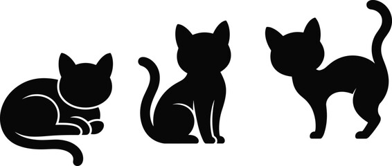 Cat silhouettes set, cute feline poses icons, sitting standing sleeping kittens, black monochrome vector illustration isolated background minimalist pet design © Sarjina's World