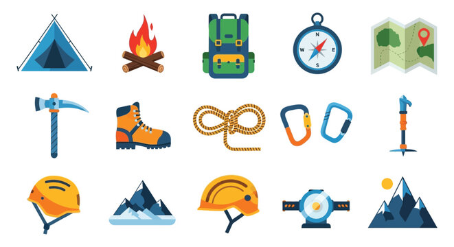 Colorful icons depict camping essentials like tents backpacks and mountains creating an outdoor adventure theme silhouette high quality professional detailed modern
