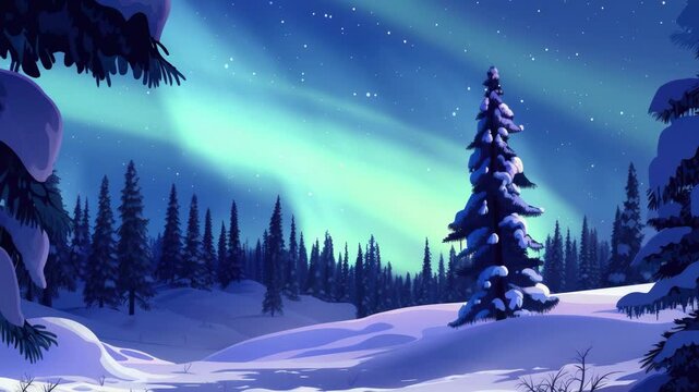 A magical night scene of a snowy forest under the Northern Lights