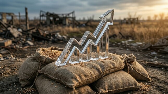 Food Crisis Graph Over Wheat Sacks Blurred War