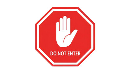 Obraz premium Stop sign with a hand gesture indicating prohibition, warning not to enter, octagonal shape, red color, isolated on a plain background, front view