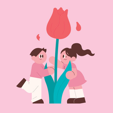 Romantic couple character hugging a giant tulip flower illustration