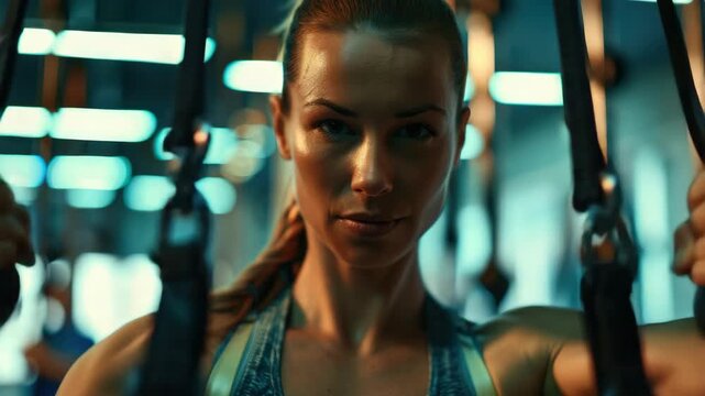 An active woman exercising with weight machines at a gym. She's wearing workout attire and is focused on her workout routine.