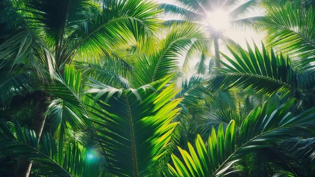 emerald wild nature Lush Green Palm Fronds Swaying Gently in the Tropical Sunlight Through Dense Forest Canopy