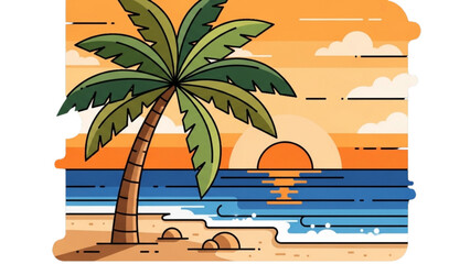 Palm tree stands tall on sandy beach at serene sunset over calm ocean waters © Stock Image Paradise