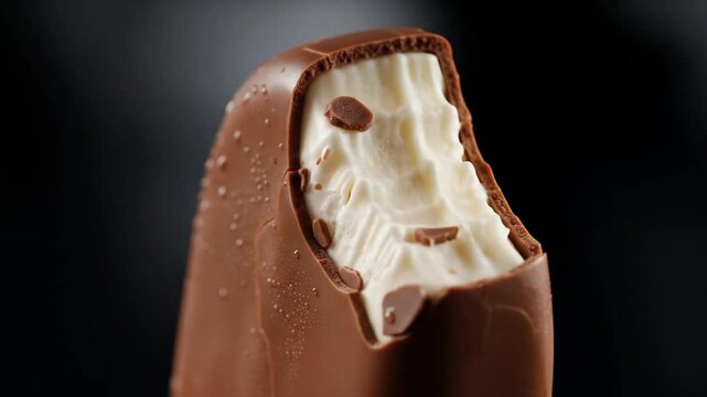 Close up shot of a delicious chocolate ice cream bar with a bite taken out.