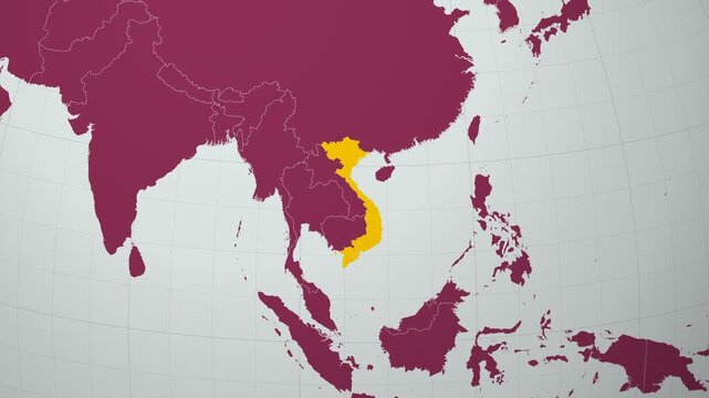 Vietnam map. Animated zoom into the country on the Globe in Pale Mint Dark Pink color palette. Country logo animation with round text and airplanes. Map with meridians, parallels. Alive video.
