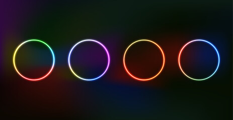 Glowing neon circle frames in multiple colors on dark gradient background with futuristic abstract light ring design elements © Monwara67
