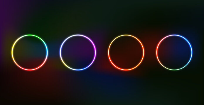 Glowing neon circle frames in multiple colors on dark gradient background with futuristic abstract light ring design elements